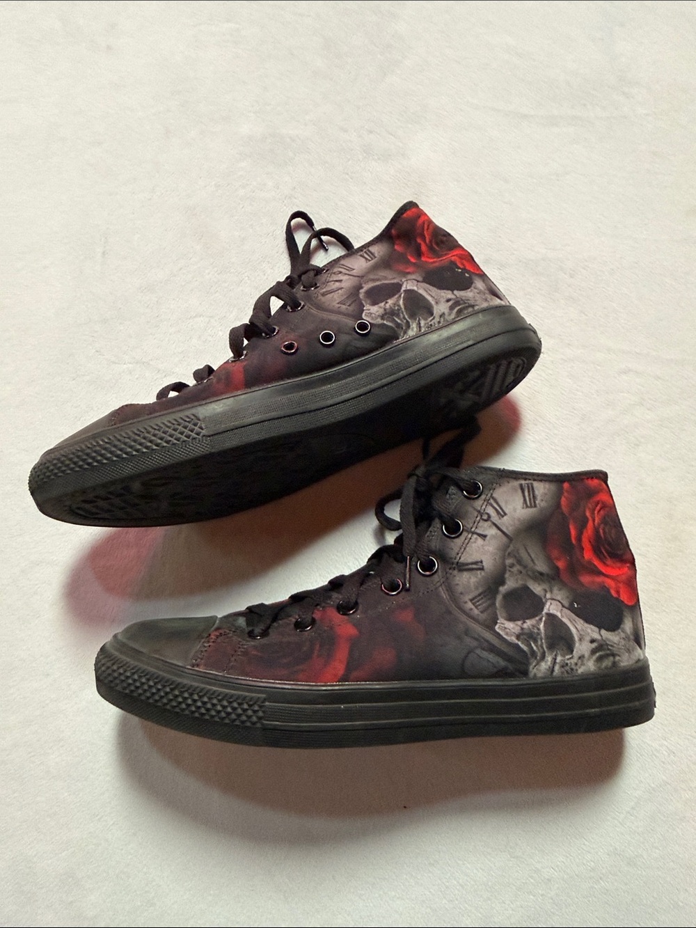 RAAD Black High-Top Sneakers with Red Rose & Skull Print 8 mens